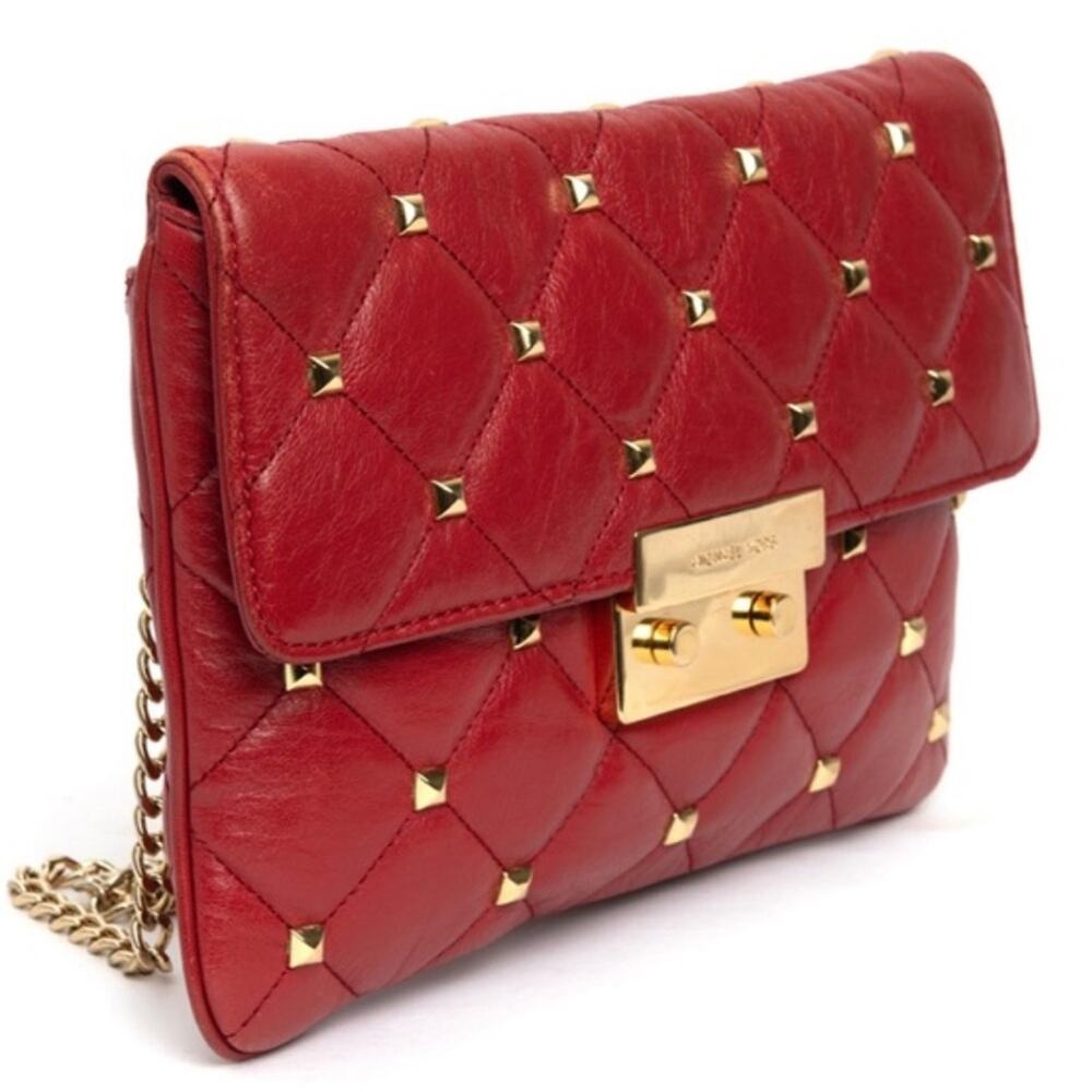 MICHAEL Michael Kors Red Quilted Leather Studded Crossbody Clutch